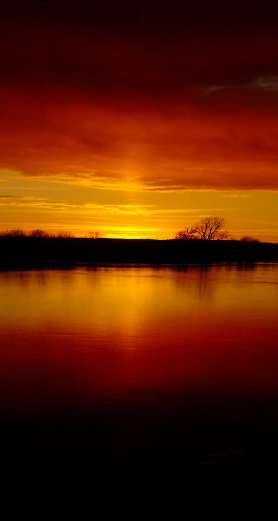 Ein sonniger Himmel über einem See mit Bäumen im Hintergrund.