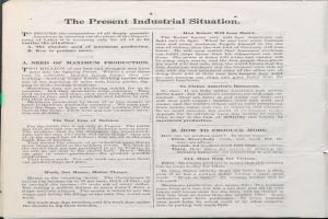 Ein aufgeschlagenes Buch mit den Worten 'Die gegenwärtige Industrielle Situation' darauf gegen einen schwarzen Hintergrund.