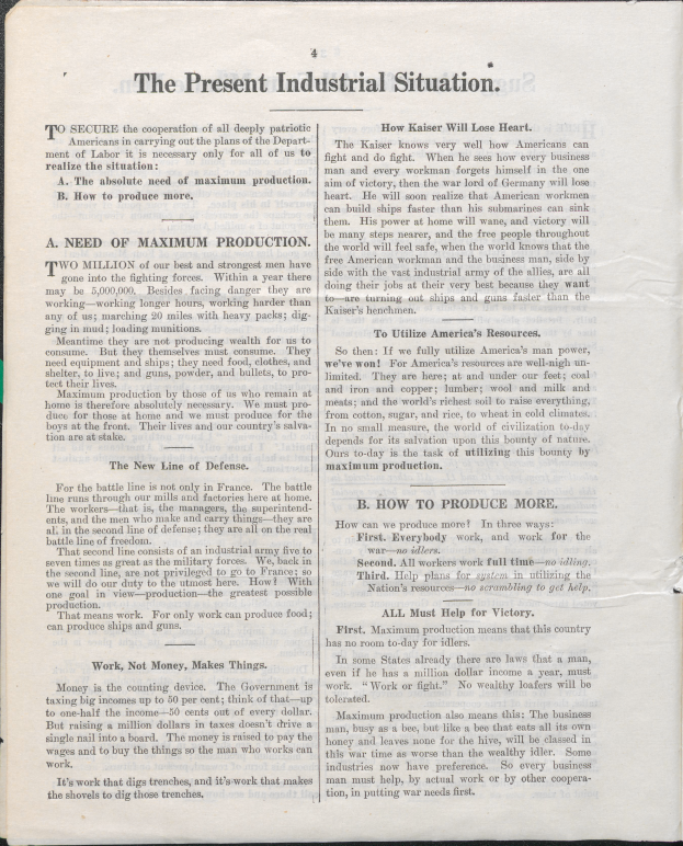 Ein aufgeschlagenes Buch mit den Worten 'Die gegenwärtige Industrielle Situation' darauf gegen einen schwarzen Hintergrund.