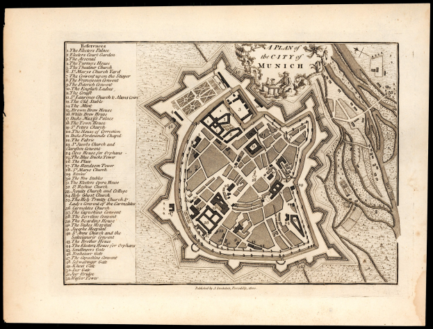 Ein detaillierter alter Stadtplan von München, Deutschland, auf einem schwarzen Hintergrund, der Straßen, Gebäude und Sehenswürdigkeiten zeigt.