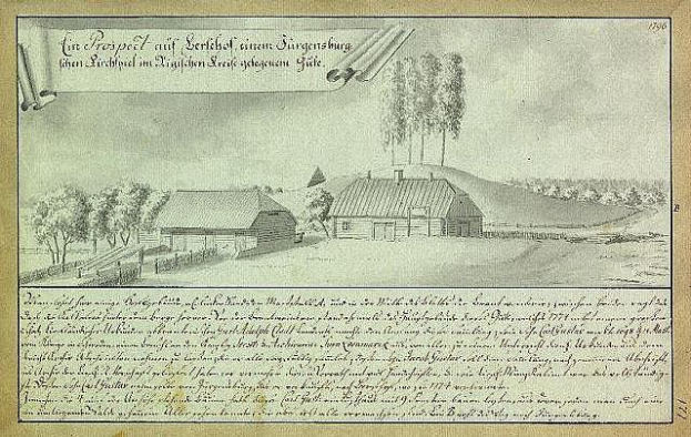 Ein verblichenes Dokument mit der Überschrift "Surgensburg, Deutschland - Landschaft eines Hofes" zeigt ein Farmhaus in einem Feld, umgeben von Häusern, Bäumen und einem Himmel.