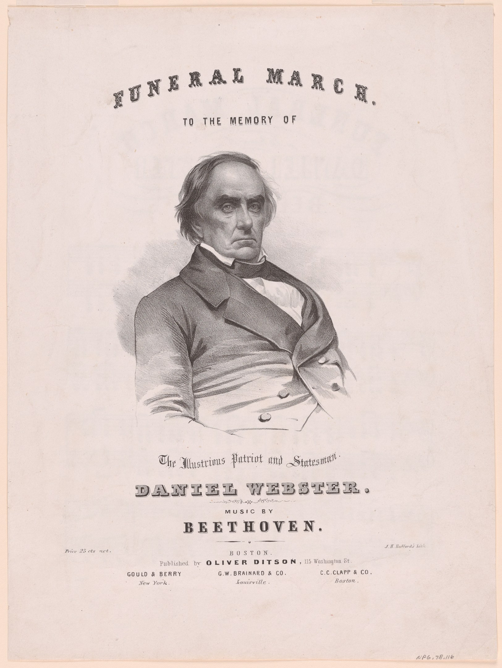 Schwarzes und weißes Porträt von Daniel Webster mit Text darunter, der "Trauermarsch zum Andenken an Daniel Weber" lautet.