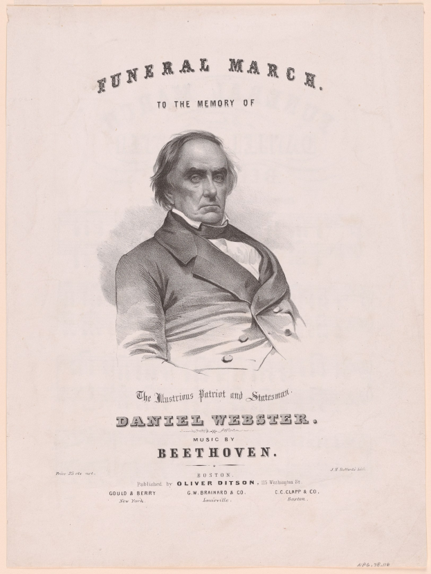 Schwarzes und weißes Porträt von Daniel Webster mit Text darunter, der "Trauermarsch zum Andenken an Daniel Weber" lautet.