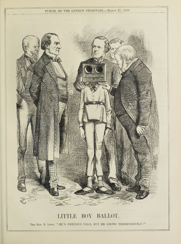 Eine Zeichnung eines kleinen Jungen mit einer Kamera, umgeben von Menschen, mit Text unten, der "Little Boy Ballot" lautet.