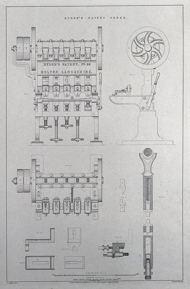 Eine Zeichnung einer hydraulischen Pressmaschine mit einem Rad, begleitet von beschreibendem Text, der ihre Komponenten und die Verwendung beschreibt.