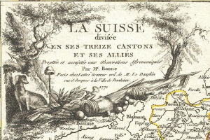 Ein Plakat mit einer Karte der Schweiz mit Bäumen, Tieren und anderen Gegenständen sowie Text.