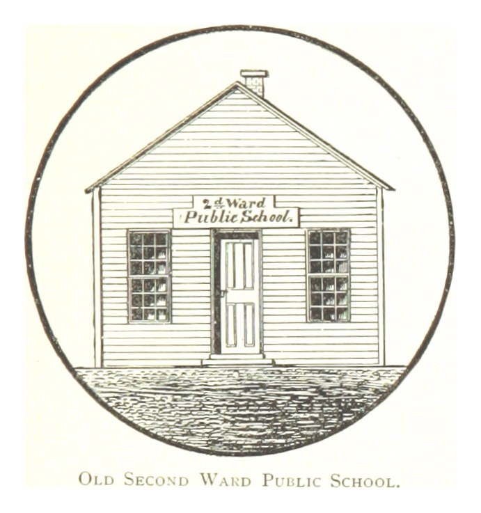 Ein zweistöckiges Backsteinschulgebäude mit einem zentralen Haus, das eine Tür und Fenster aufweist und mit "Second Ward Public School" beschriftet ist.