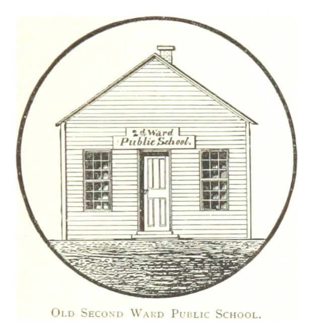 Ein zweistöckiges Backsteinschulgebäude mit einem zentralen Haus, das eine Tür und Fenster aufweist und mit "Second Ward Public School" beschriftet ist.
