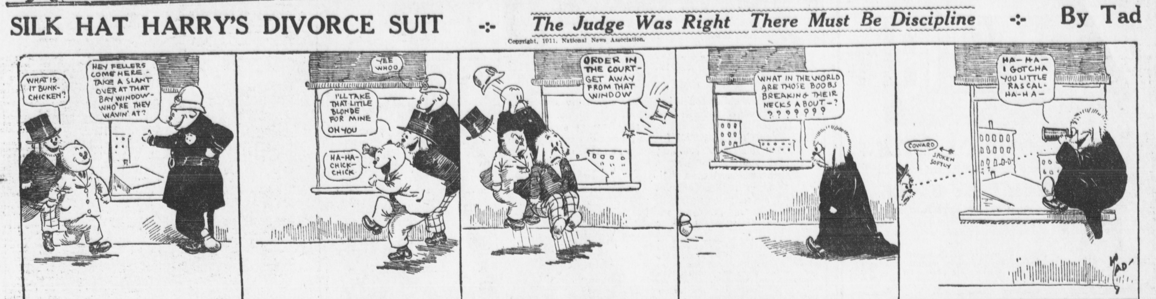 Cartoon-Illustration eines Mannes in einem schwarzen Anzug und einer Frau in einem eleganten Kleid mit ernstem Gesichtsausdruck, beschriftet mit "Scheidungsklage."