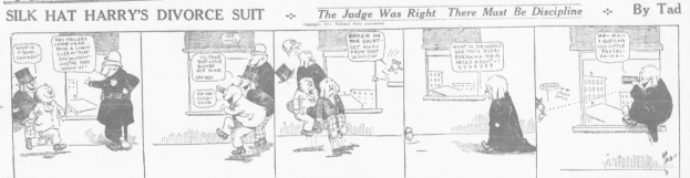 Cartoon-Illustration eines Mannes in einem schwarzen Anzug und einer Frau in einem eleganten Kleid mit ernstem Gesichtsausdruck, beschriftet mit "Scheidungsklage."