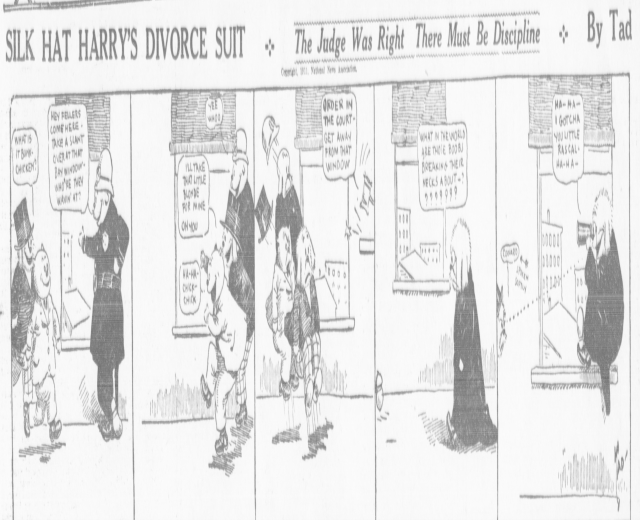 Cartoon-Illustration eines Mannes in einem schwarzen Anzug und einer Frau in einem eleganten Kleid mit ernstem Gesichtsausdruck, beschriftet mit "Scheidungsklage."