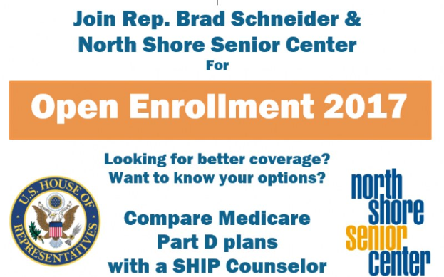 Plakat, das eine Anmeldeveranstaltung mit dem Kongressabgeordneten Brad Schneider und dem North Shore Senior Center ankündigt, einschließlich ihres Logos.