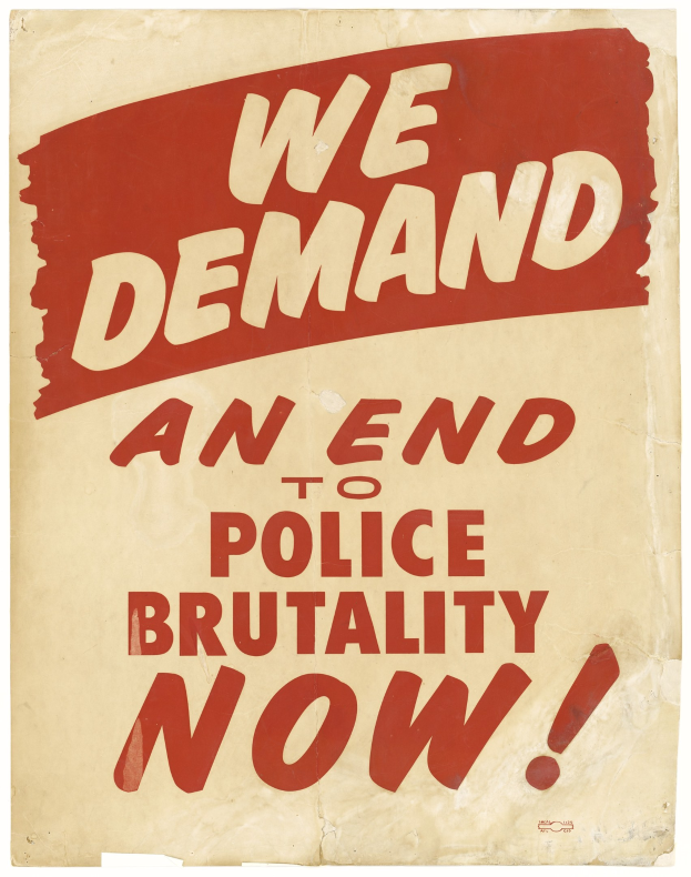 Plakat mit fetter schwarzer Schrift "Wir fordern jetzt ein Ende der Polizeigewalt" auf einem weißen Hintergrund, eingerahmt von einem schwarzen Rand.