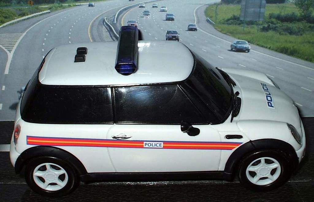 Ein weißer Polizeiwagen ist im Vordergrund geparkt, mit mehreren Autos, die sich auf der Straße dahinter bewegen, umgeben von Gras und Bäumen auf beiden Seiten.