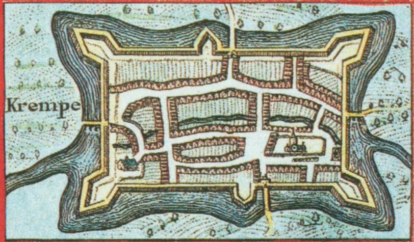 Ausführliche alte Karte von Krempe mit Straßen, Gebäuden und Sehenswürdigkeiten mit Textangaben zur Bevölkerung, Lage und historischen Informationen.