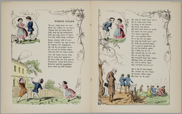 Offenes Buch mit Illustrationen: linke Seite zeigt ein Haus, Bäume und einen Zaun; rechte Seite zeigt Kinder, die im Park spielen, mit begleitendem Text.