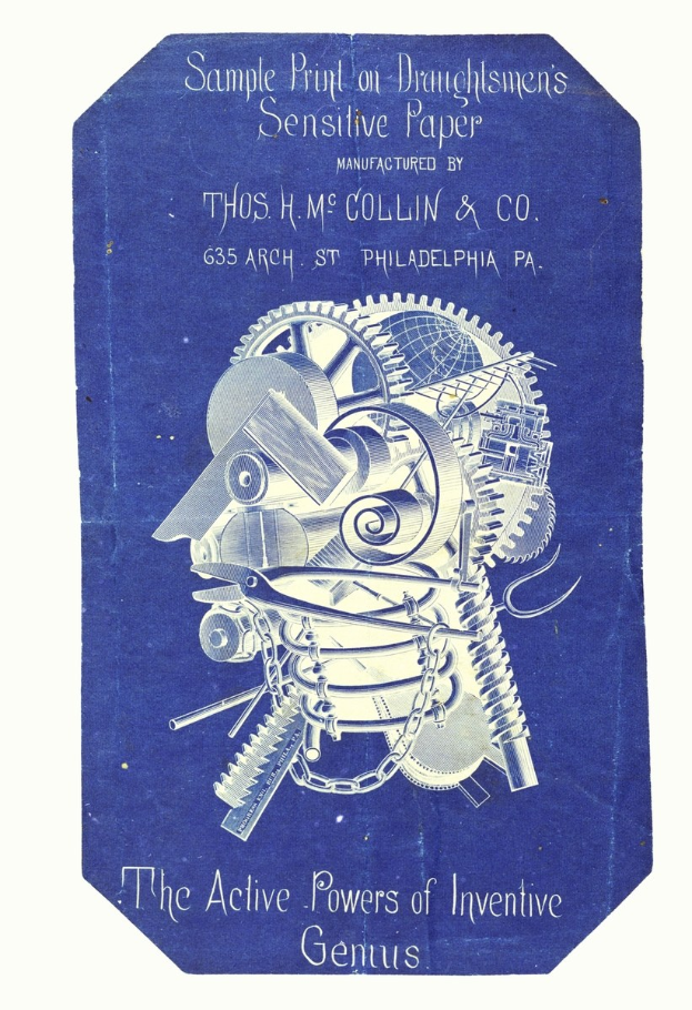 Ein blaues Buch mit dem Titel "Die aktiven Kräfte des erfinderischen Genius" mit einem weißen Cover, das ein entschlossenes Männergesicht zeigt.