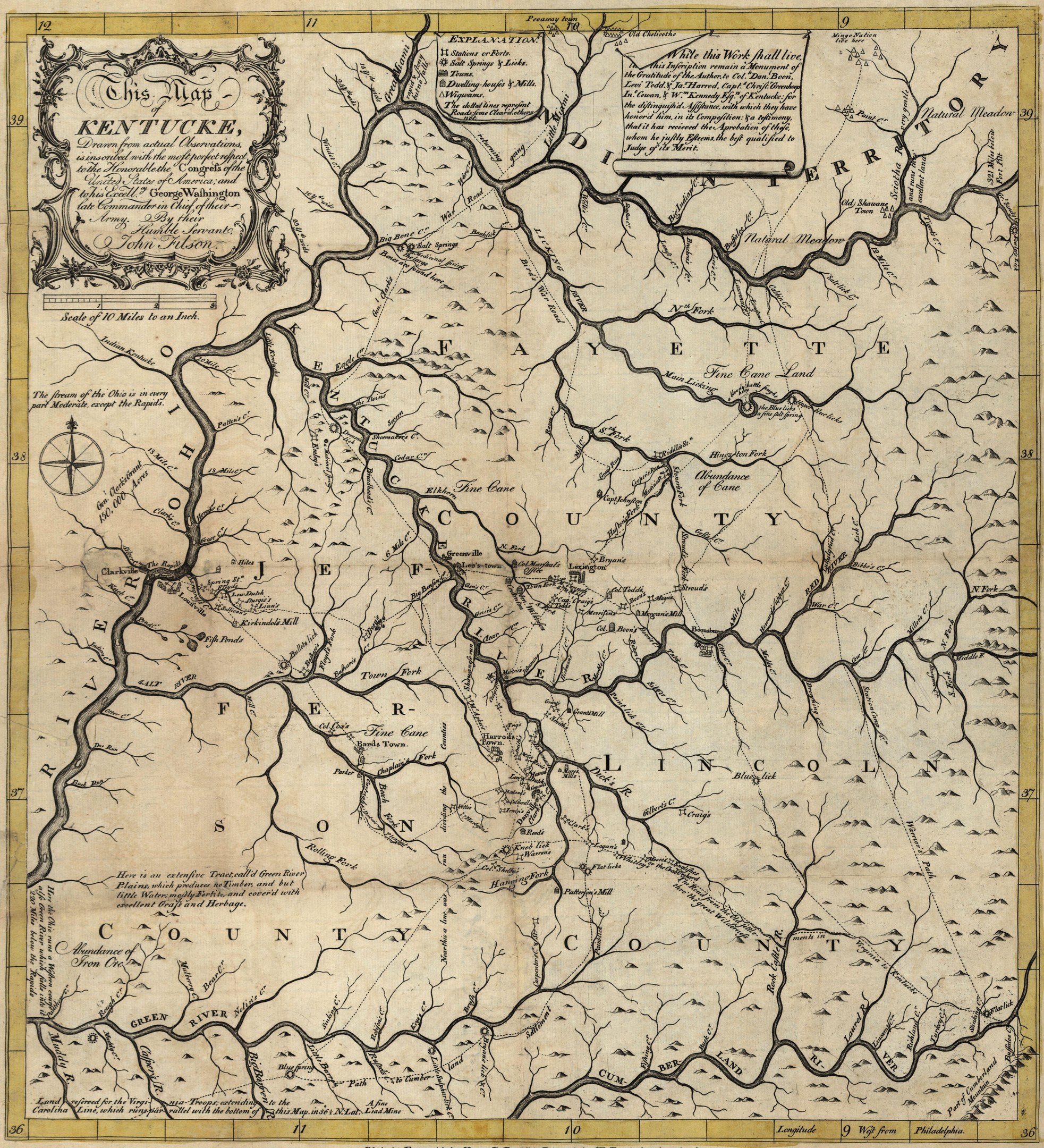 Detailiertes Plakat von Kentucky mit einer Karte, die Straßen, Flüsse und geografische Merkmale zeigt, begleitet von Text, der Städte, Ortschaften und Gewässer benennt.