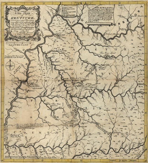 Detailiertes Plakat von Kentucky mit einer Karte, die Straßen, Flüsse und geografische Merkmale zeigt, begleitet von Text, der Städte, Ortschaften und Gewässer benennt.