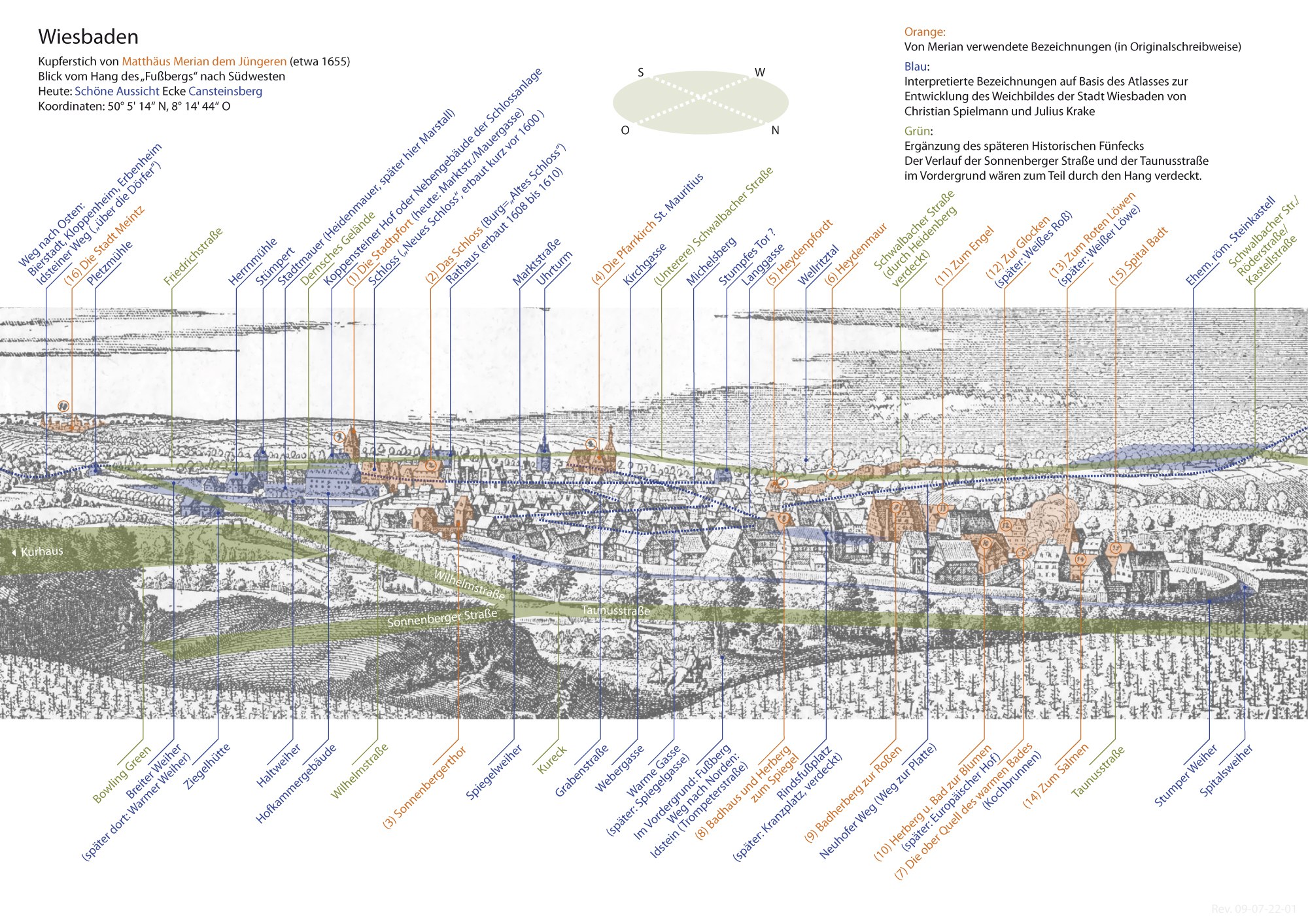Ein detaillierter Stadtplan von Wiesbaden, Deutschland, mit historischen Textanmerkungen, der farbcodierte Regionen für umliegende Städte und Gemeinden darstellt.