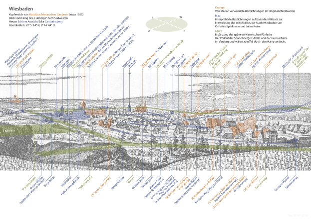 Ein detaillierter Stadtplan von Wiesbaden, Deutschland, mit historischen Textanmerkungen, der farbcodierte Regionen für umliegende Städte und Gemeinden darstellt.