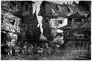 Eine Schwarz-Weiss-Zeichnung einer Straßenszene mit einer Gruppe von Menschen im Vordergrund, Gebäuden im Hintergrund und dem Text "Die Schlacht von Stuttgart" unten.