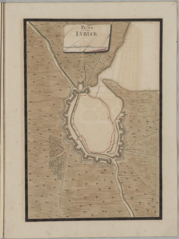 Ein altes Buch mit einer detaillierten Karte der Stadt Lübeck, die Straßen, Gebäude, Sehenswürdigkeiten und Text mit Bevölkerung, Geschichte und kulturellen Informationen zeigt.