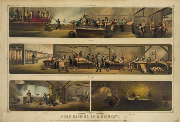 Plakat, das Menschen in einem unordentlichen Raum zeigt, beschriftet mit "Schweinepacken in Cincinnati"