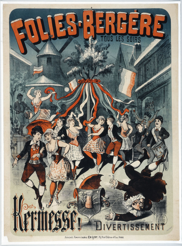 Plakat für das Folies Berg├Ęre-Festival in Paris mit tanzenden Menschen im Vordergrund und Geb├Ąuden, B├Ąumen und Fahnen im Hintergrund.