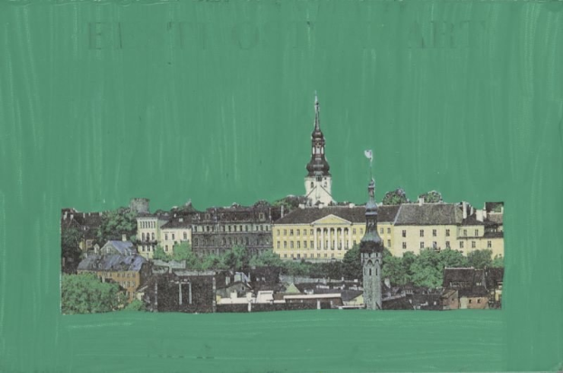 Bild eines stylisierten Stadtbilds mit einem grünen Hintergrund, das Gebäude und Bäume darstellt.