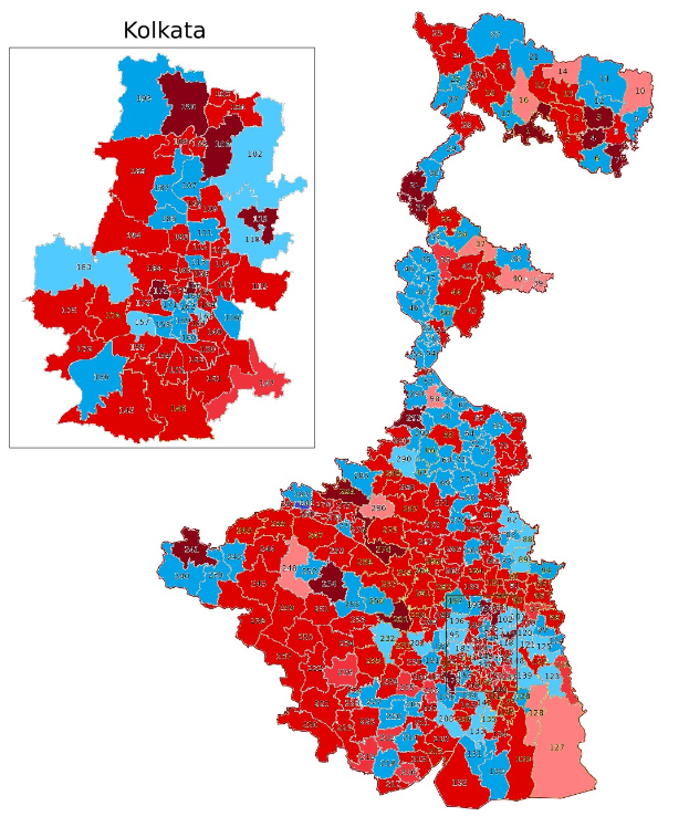 Farbcodierte Karte von Kolkata, Indien, die die Bevölkerungsverteilung in Prozent zeigt, mit "Kolkata Wahlresultaten" oben.