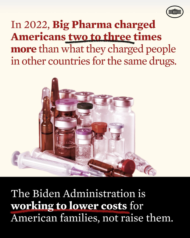 Plakat mit Text, der besagt, dass Big Pharma 2022 Amerikaner zwei bis drei Mal so viel für dieselben Arzneimittel berechnet hat wie in anderen Ländern, zusammen mit Bildern von Medikamentenflaschen und einer Spritze.