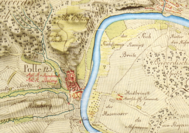 Alte detaillierte Karte von Polle, Deutschland, mit einem Fluss, Straße und Gebäude markiert.