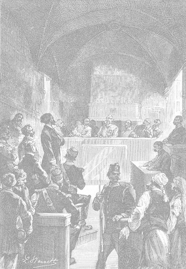 Schwarze und weiße Gerichtsszene mit dem Titel "Der Prozess gegen Thomas Jefferson", die einen Mann mit einer Waffe vor einer Menge sitzender und stehender Menschen zeigt.