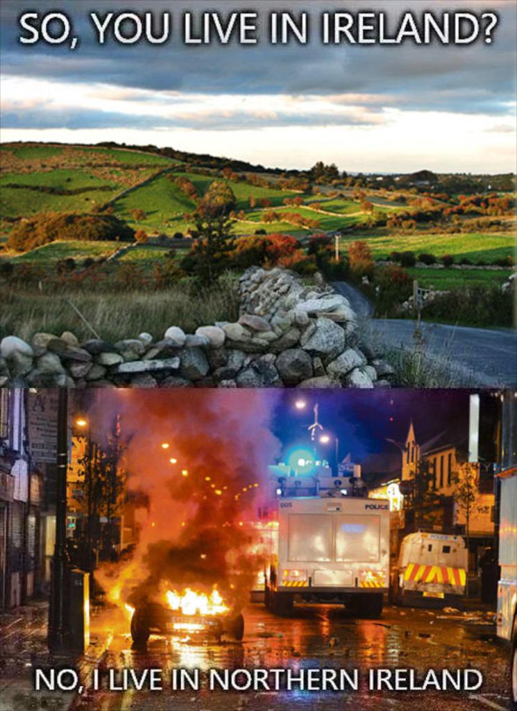 Oberbild: eine Landschaft mit Gras, Bergen und Grünfläche. Unterbild: Fahrzeuge auf einer Straße mit Feuer.