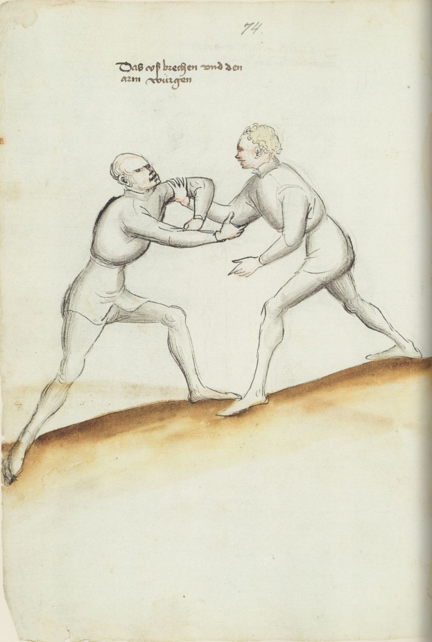 Zwei Männer in einer körperlichen Auseinandersetzung, einer wirft einen Schlag auf den anderen, der auf einem Papier mit Text steht.