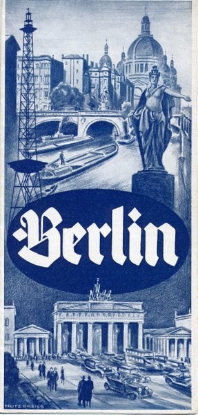 Plakat, das Berlin, Deutschland bewirbt, zeigt eine Statue, Gebäude, einen Turm, Menschen, Fahrzeuge auf der Straße und eine Brücke mit Text, der Informationen über die Stadt enthält.