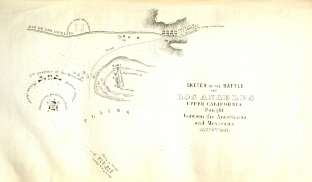 Eine Skizze, die die Schlacht von Los Angeles im Jahr 1847 zwischen amerikanischen und mexikanischen Kräften in Alta California zeigt.
