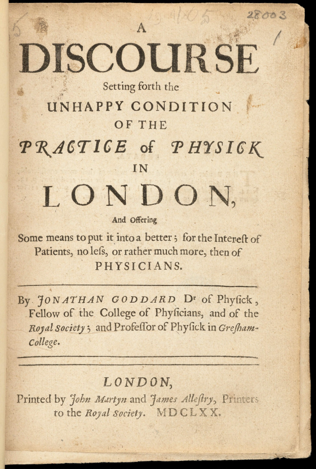 Offenes Buch mit dem Titel "Eine Diskursetzung für den unglücklichen Zustand der Praxis der Physik in London" mit sichtbarem Text in schwarzer Tinte.