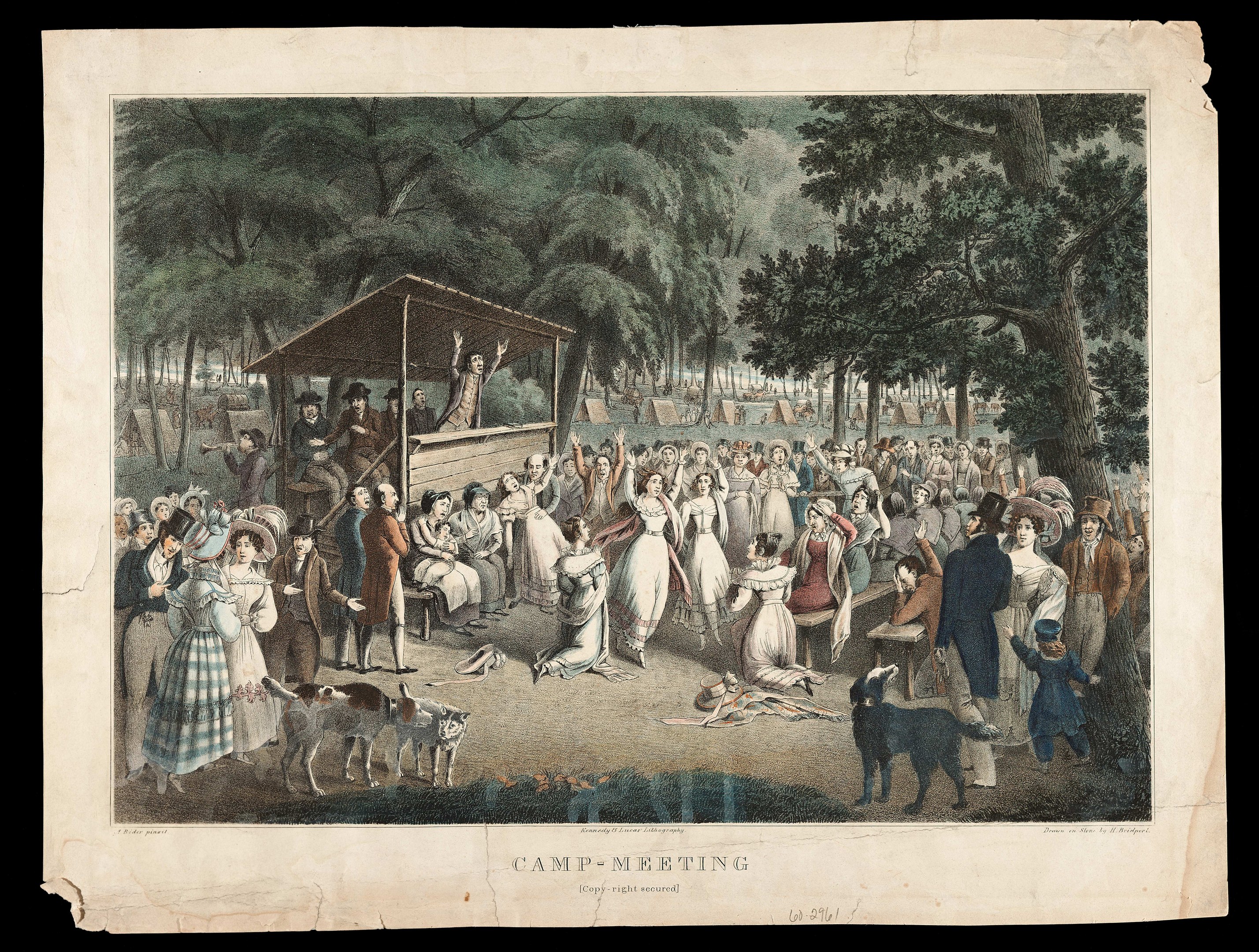 Gruppe von Menschen im Park mit Bäumen im Hintergrund und einer Hütte im Vordergrund, Text unten lautet "Camp Meeting".