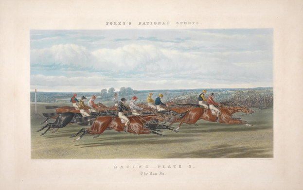 Bild eines Pferderennens auf einer Rennbahn mit Bäumen und Wolken im Hintergrund, untertitelt mit "Racing Plate 3: The Run 3".