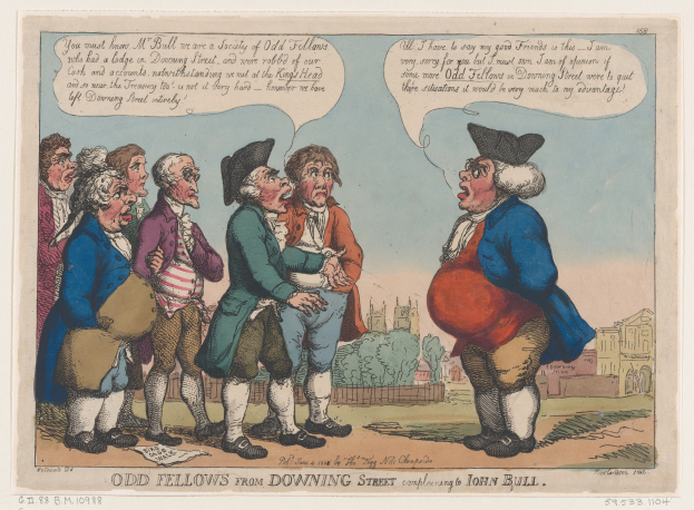 Zeichnung auf Papier, die eine Gruppe von Menschen vor einem Gebäude mit Bäumen und Himmel zeigt, mit Text unten, der 'odd fellows from downing street complaining to John Bull' lautet.