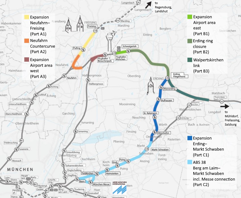 Karte einer Stadt mit hervorgehobener Bahnroute von München nach Frankfurt, die Haltestellen, Umgebung und zusätzliche Bahninformationen zeigt.
