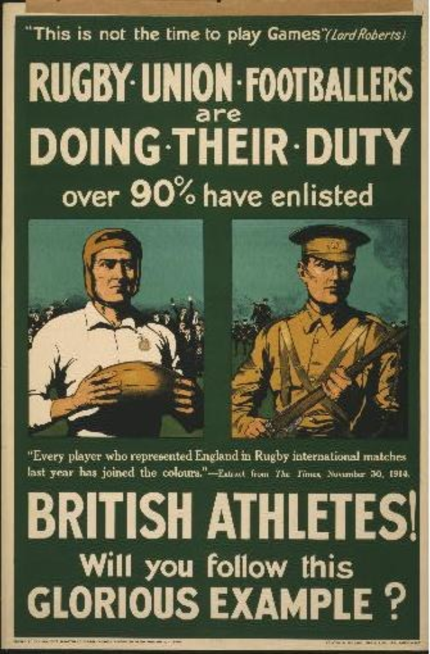 Plakat mit zwei Rugbyspielern in Uniform, Text über britische Athleten im Kriegsdienst.