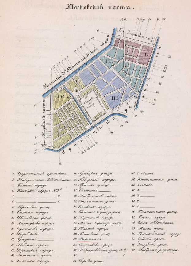 Detaillierte alte Karte von Moskau, Russland, mit Stra%C3%9Fen, Geb%C3%A4uden und Landmarken mit Text und nummerierten Anmerkungen.