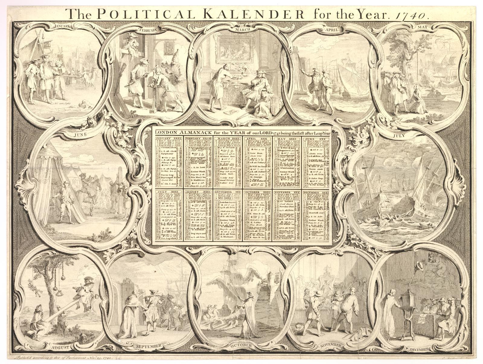 Politischer Kalender für 1740, aufgeteilt in Monate mit fetter Schrift und Bildern verschiedener Menschen, die politische Ereignisse darstellen.