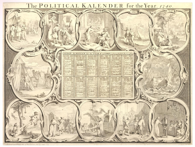 Politischer Kalender für 1740, aufgeteilt in Monate mit fetter Schrift und Bildern verschiedener Menschen, die politische Ereignisse darstellen.