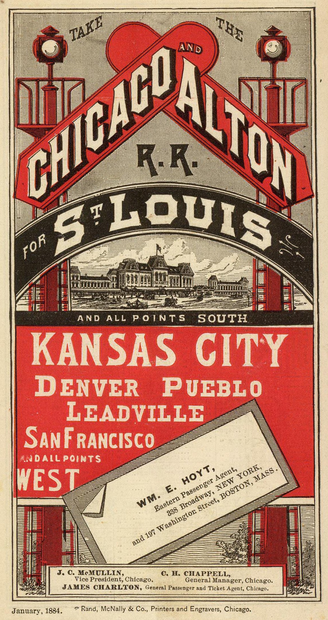 Werbeplakat für die Chicago Alton Railroad, das die Reise nach St. Louis, Kansas City, Denver, Pueblo, San Francisco und San Francisco West anpreist, mit Text und Bildern von Gebäuden.