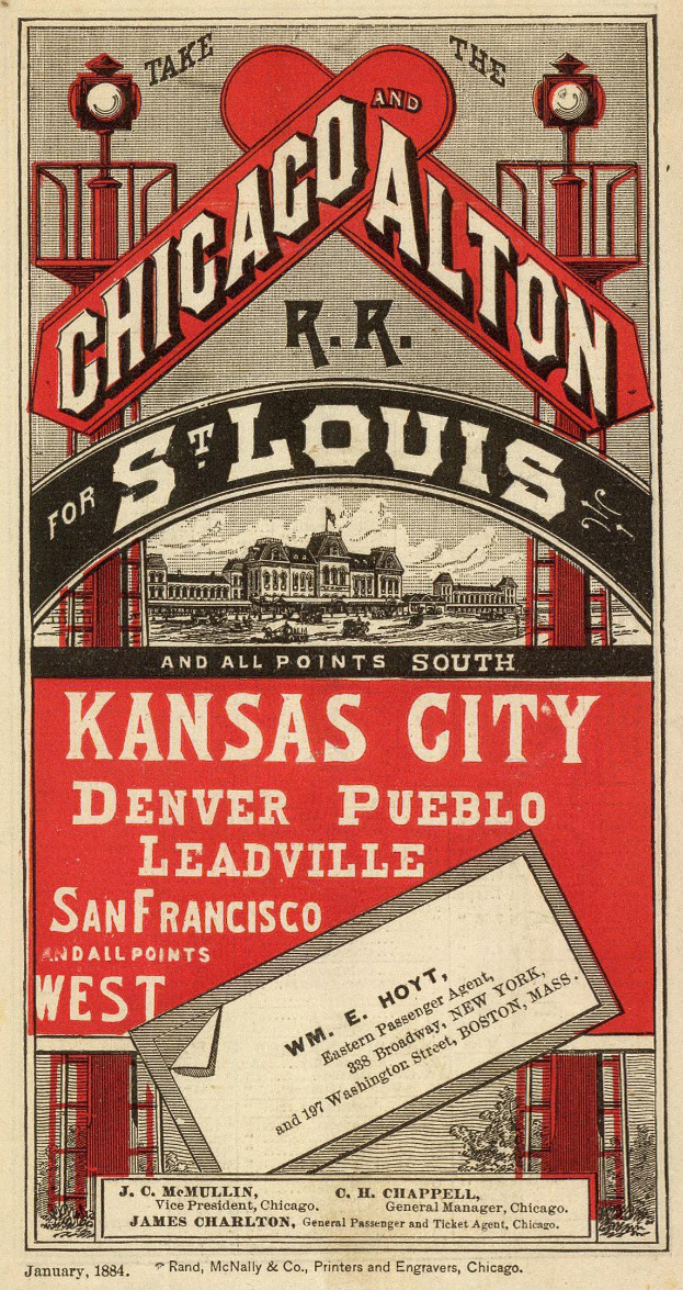 Werbeplakat für die Chicago Alton Railroad, das die Reise nach St. Louis, Kansas City, Denver, Pueblo, San Francisco und San Francisco West anpreist, mit Text und Bildern von Gebäuden.