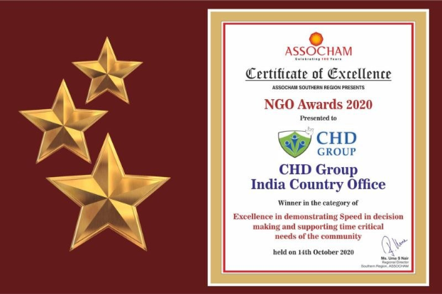 Auszeichnung für den NGO Award 2020 an das Chd Group India Country Office verliehen, mit einem Schild-Logo mit einem Stern und einem Lorbeerkranz.